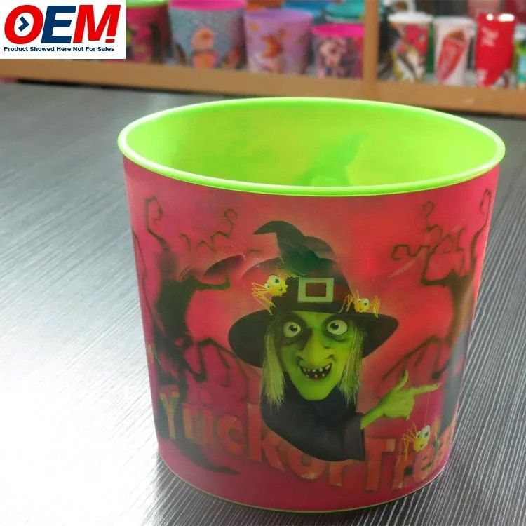 wadah popcorn desain kartun hewan Halloween plastik yang disesuaikan wadah penyimpanan makanan plastik ember popcorn dengan tutup