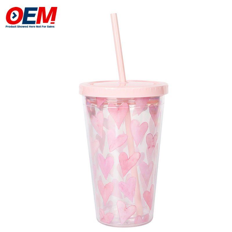 Customized PP Double Wall Cup With Straw OEM 450ml Plastik Cup Made High Quality Cute Unicorn Water Cup