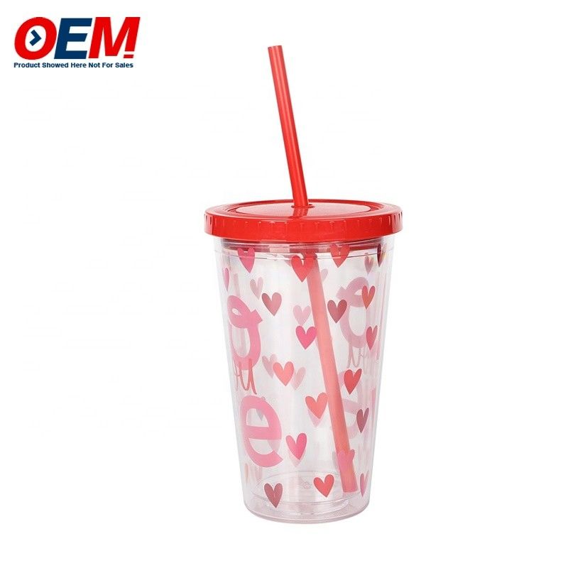 Pabrik kustom PP Double Wall Cup Dengan Jerami OEM Plastik Cup Cute Bear Water Cup