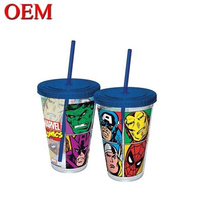 Supplier Kualitas Tinggi Disesuaikan Marvel Double Walled Plastik Travel Cup Dengan Jerami