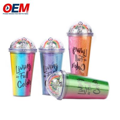 Customized PP Double Wall Cup Dengan Jerami OEM Plastik Cup Dibuat Cangkir Air