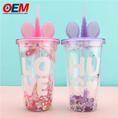 Customized PP Double Wall Cup With Straw OEM 450ml Plastik Cup Made High Quality Cute Unicorn Water Cup